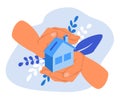 Vector illustration on the theme of home insurance. hands carefully hold a small house.